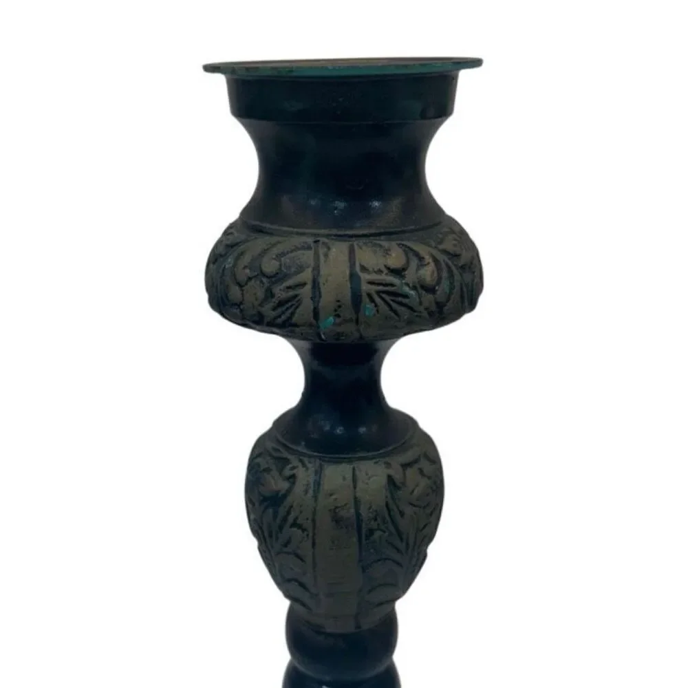 Vtg Made In India Pillar Candlestick Holder Green & Gray Footed Verdigris Trim